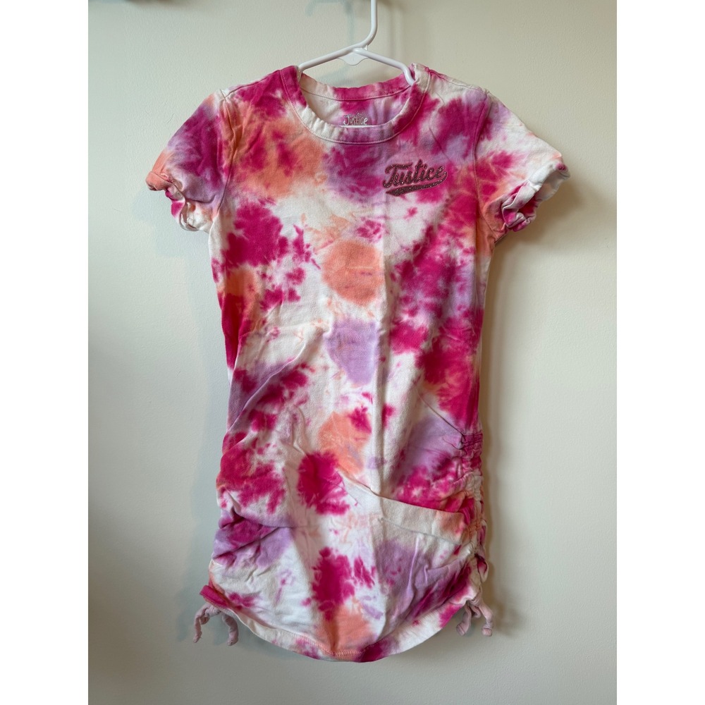 Justice Girls Pink Orange Tie Dye Cinched Side T-Shirt Dress XS 5/6